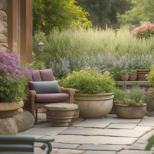 A serene outdoor setting with a rustic wooden planter, adorned with vibrant flowers and lush greenery, placed on a weathered stone patio surrounded by neatly trimmed hedges and a subtle garden bench.