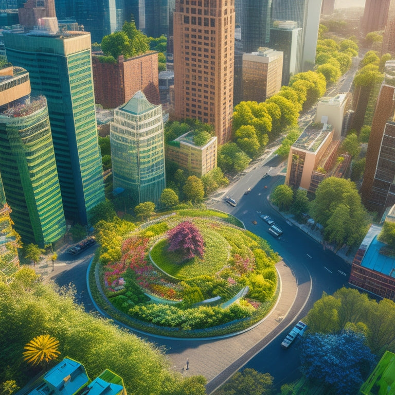 A vibrant, aerial illustration of a bustling cityscape with lush, green rooftops, blooming with diverse crops, trees, and flowers, amidst sleek skyscrapers and winding walkways.