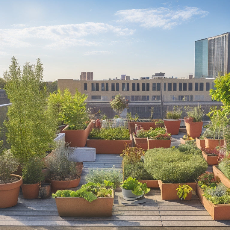 A lush, thriving rooftop garden with a variety of vibrant vegetables and herbs, featuring different soil options in separate planters, each with distinct textures and colors, against a bright blue sky.