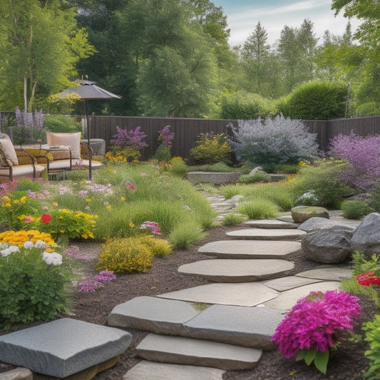 A serene backyard landscape with a meandering stone path, surrounded by lush greenery, featuring a large concrete planter overflowing with vibrant flowers, next to a comfortable outdoor seating area.