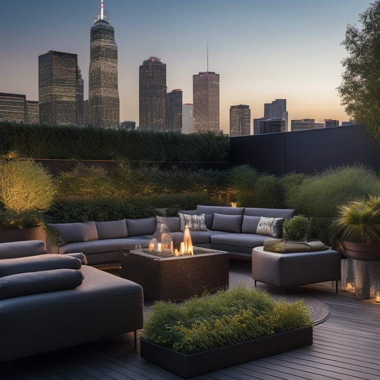 A serene rooftop garden at dusk, with lush greenery, twinkling string lights, and a statement fire pit surrounded by plush outdoor seating, overlooking a bustling cityscape with sleek skyscrapers.