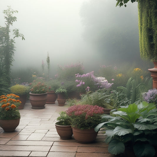 Image prompt: A serene, lush garden with vibrant greenery and colorful blooms, surrounded by misty fog, with a subtle hint of morning dew and a few strategically placed terracotta pots.