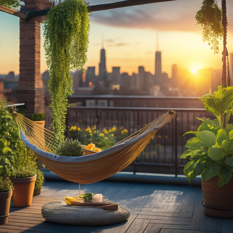 A serene rooftop scene: lush greenery spills from wooden planters, vibrant herbs like basil and mint surround a hammock, and a cityscape glows softly in the background at sunset.