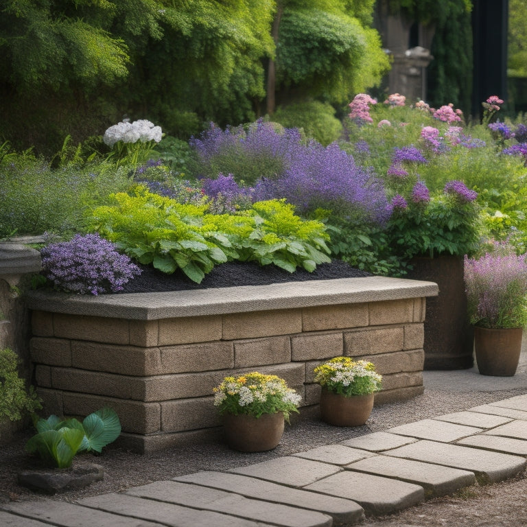 A serene outdoor setting with a rectangular cinder block planter box, overflowing with lush greenery and vibrant flowers, surrounded by weathered wooden benches and a worn stone pathway.