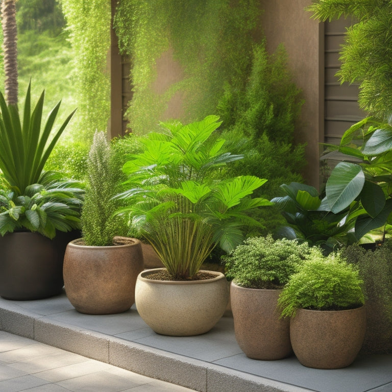An outdoor setting with three large plants (ficus, fern, and palm) in different block planters (wooden, concrete, and ceramic) on a stone patio, surrounded by lush greenery and natural light.