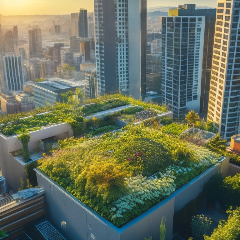 Aerial view of a rooftop garden with tiered hydroponic systems, lush greenery, and vibrant flowers, surrounded by a modern cityscape with sleek skyscrapers and bustling streets.