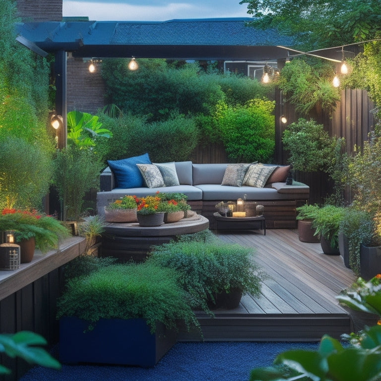 A serene rooftop oasis with lush greenery, vibrant flowers, and a small pond, surrounded by sleek wooden decking, comfortable outdoor furniture, and a modern pergola with twinkling string lights.