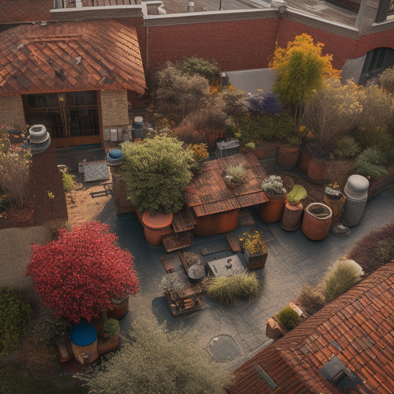 An aerial view of a rooftop with scattered materials like old shingles, broken tiles, and rusty gutters, surrounded by creative reuses like planters, birdhouses, and a mosaic bench.