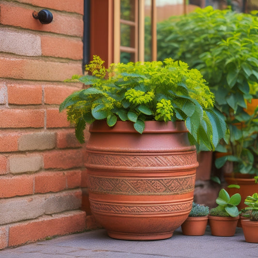 A rustic, terracotta-colored planter overflows with lush greenery, nestled among a crisscross pattern of weathered, earth-toned bricks, with a few strategically placed gaps and subtle mortar lines.