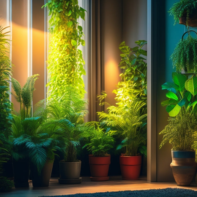 An image featuring a lush, thriving indoor vertical garden with a variety of plants, illuminated by a combination of warm grow lights, cool LED strips, and natural sunlight streaming through a nearby window.