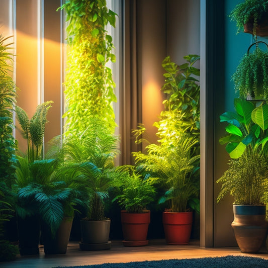 An image featuring a lush, thriving indoor vertical garden with a variety of plants, illuminated by a combination of warm grow lights, cool LED strips, and natural sunlight streaming through a nearby window.