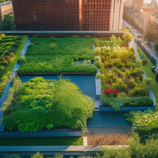 Aerial view of a lush rooftop garden with raised beds in a symmetrical pattern, overflowing with vibrant green vegetables, herbs, and flowers, surrounded by sleek modern railings and a cityscape in the background.