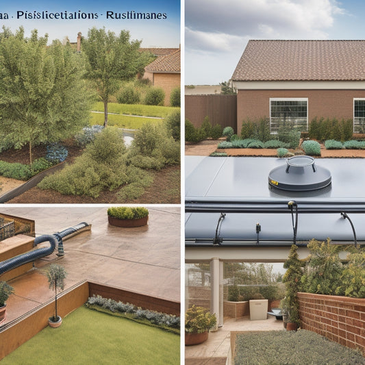 Illustrate a split-screen image: a rooftop irrigation system connected to a residential plumbing system on the left, with water overflowing and pipes bursting, contrasted with a separate, organized, and clean rooftop irrigation system on the right.