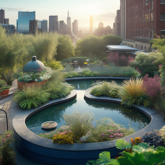 A serene rooftop garden with lush greenery, vibrant flowers, and a small pond, surrounded by a bustling cityscape with factories and cars emitting pollutants in the background, with clean air bubbles rising.