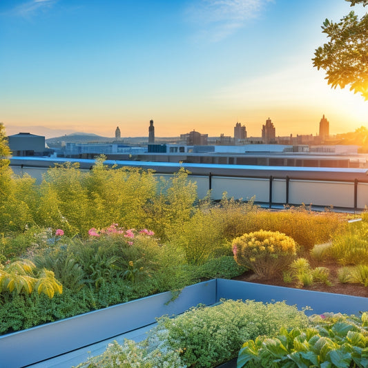 A serene rooftop garden with lush greenery, vibrant flowers, and a subtle mist of water droplets, surrounded by sleek, modern automation devices, sensors, and tubing, set against a clear blue sky.