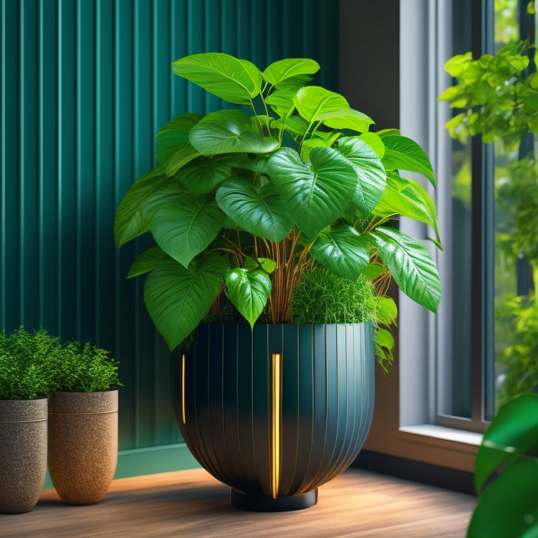 A stylized, modern illustration of a sleek, curved vertical planter with lush greenery and vines crawling up its sides, surrounded by subtle, glowing green accents and soft, natural light.