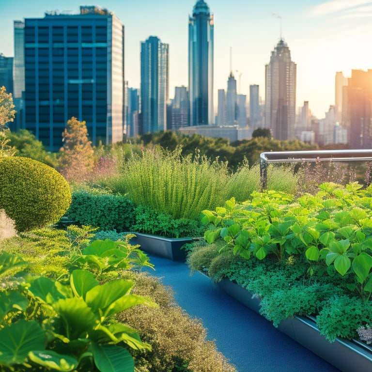 A serene, lush green rooftop garden with various plants, flowers, and shrubs, surrounded by sleek, modern skyscrapers, featuring a subtle, futuristic automated irrigation system with thin, silver pipes.