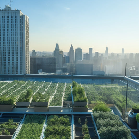 An aerial view of a rooftop hydroponic garden with lush green leafy plants, white PVC pipes, and a trellis system, set against a backdrop of a cityscape with a bright blue sky.