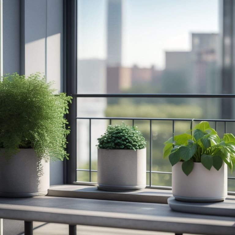 A minimalist, modern apartment balcony with three cinder block planters of varying sizes, overflowing with lush greenery and vibrant flowers, against a neutral-colored cityscape backdrop.