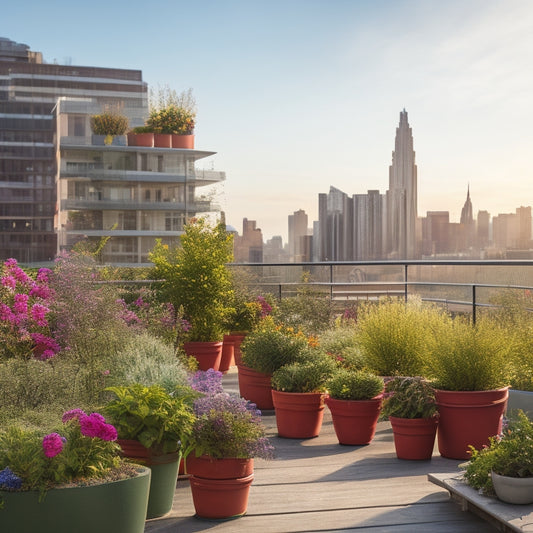 A rooftop garden with a mix of lush greenery and colorful blooms, featuring several vertical planters of varying sizes and shapes, with a cityscape background and a sunny, cloudless sky.