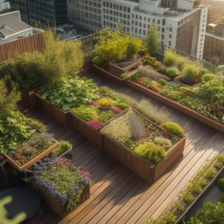 Aerial view of a lush rooftop garden with geometric planters, trellises, and a mix of leafy greens, vibrant flowers, and herbs, surrounded by sleek wooden decking and modern cityscape in the background.