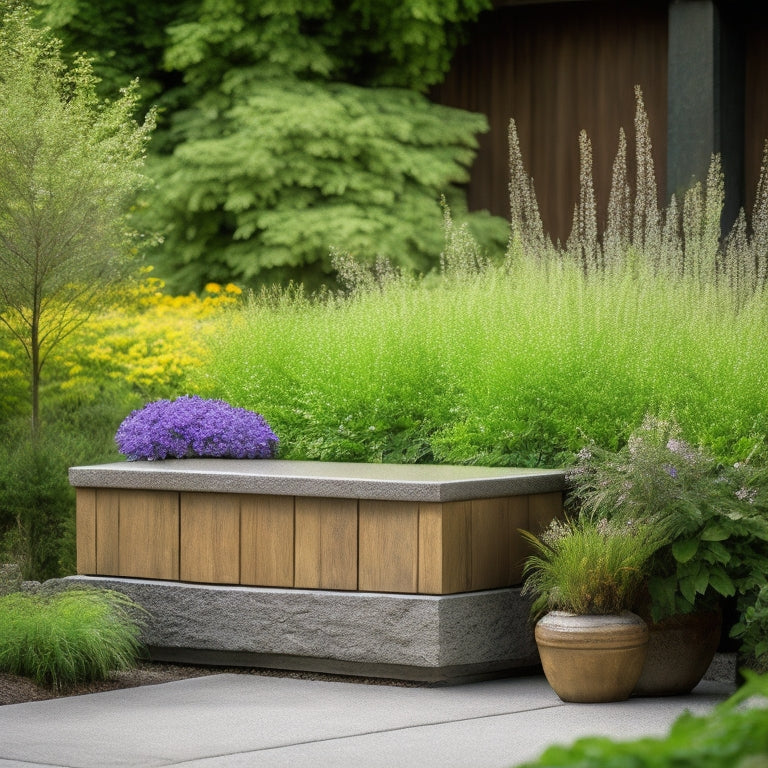 A serene outdoor setting with a large, rectangular concrete block planter, overgrown with lush greenery and vibrant flowers, surrounded by rustic wooden benches and a natural stone pathway.