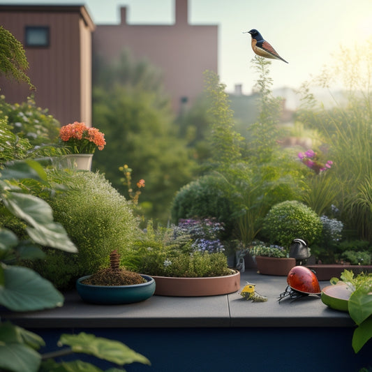 A serene rooftop garden scene with lush greenery, vibrant flowers, and a few subtle hints of pest control measures, such as a small birdhouse, a ladybug on a leaf, and a discreet copper tape border.