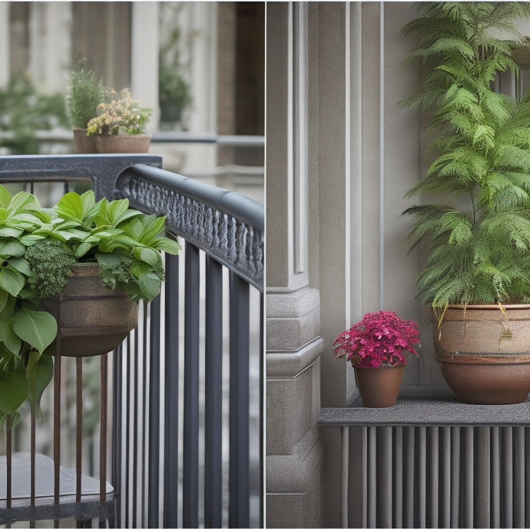 A split-screen image featuring a planter overflowing with lush greenery on a balcony railing, next to a identical planter with a cracked and broken railing, with a subtle weight symbol () subtly integrated into the design.