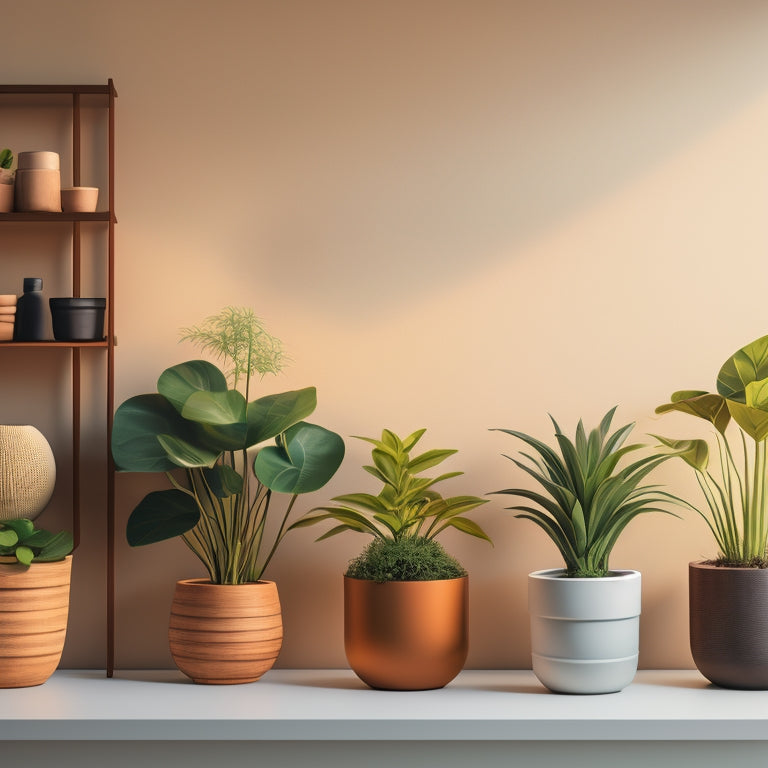 A stylized, minimalist illustration featuring various sized planters, each containing a differently sized potted plant, arranged on a wooden shelf against a light, neutral background.