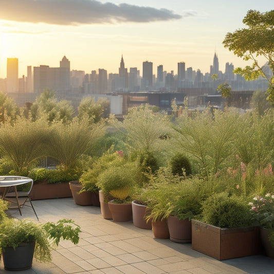 A serene rooftop garden with lush greenery, vibrant flowers, and a subtle network of thin tubes and drippers, gently watering the plants, surrounded by a sprawling cityscape in the background.