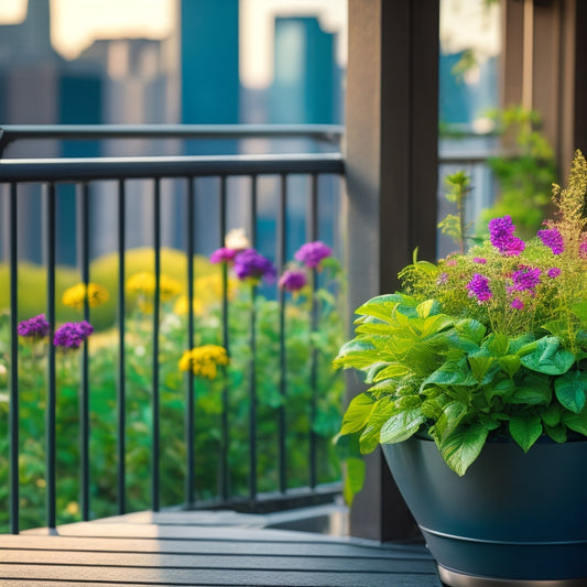 A serene balcony scene: a concrete planter overflowing with lush greenery and vibrant flowers, placed beside a sleek metal railing, with a blurred cityscape in the background.
