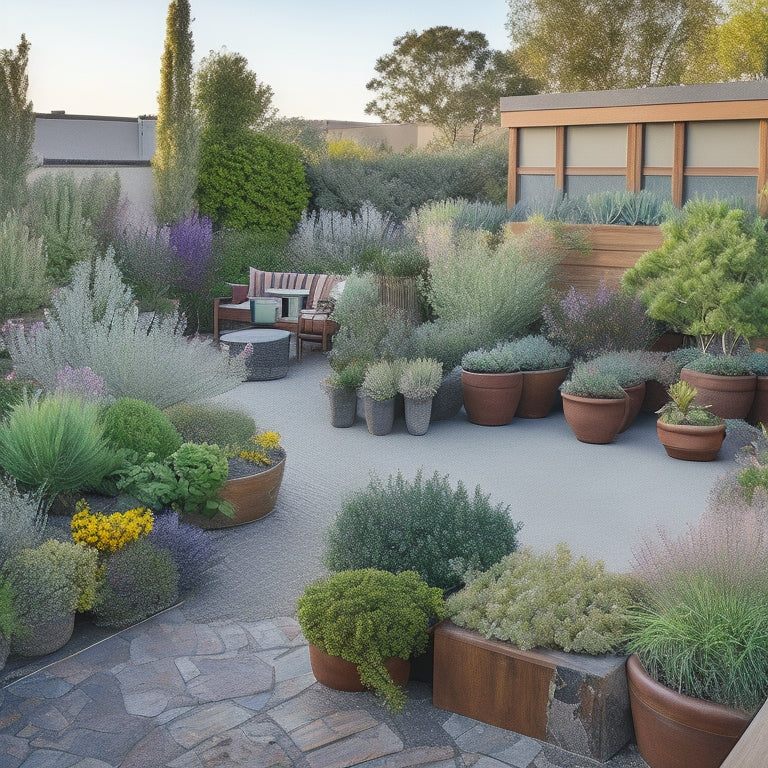 A lush, vibrant rooftop garden with a mix of drought-resistant plants, including succulents, lavender, and yarrow, surrounded by wooden planters, gravel pathways, and a trellis with climbing vines.
