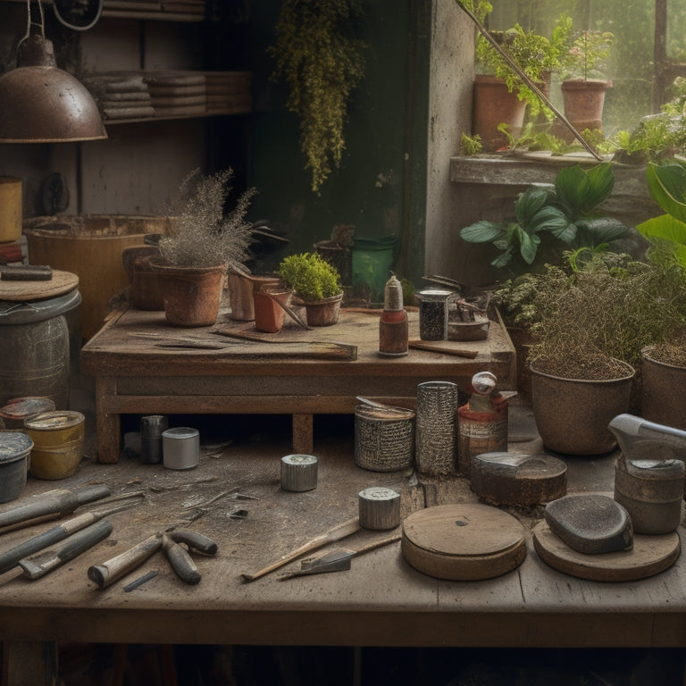 A cluttered workbench with a variety of DIY tools and materials, including a jigsaw, drill, sandpaper, paintbrushes, and pots, surrounded by scattered plant clippings and leaves.