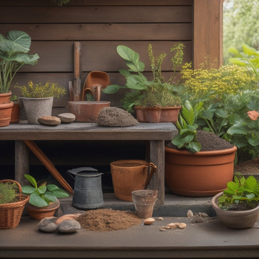 A clutter-free, rustic wooden workbench with a small, terracotta pot, a bag of potting soil, a watering can, a trowel, and a few scattered pebbles, surrounded by lush greenery.