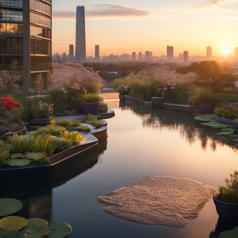 A serene rooftop garden with a small pond surrounded by lush greenery, water lilies, and a gentle waterfall, overlooking a cityscape at sunset with warm golden light.