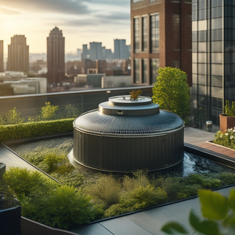 Illustrate a serene urban rooftop with a large, sleek water tank, surrounded by lush greenery and a few solar panels, with rainwater flowing from the roof into the tank through a network of pipes.