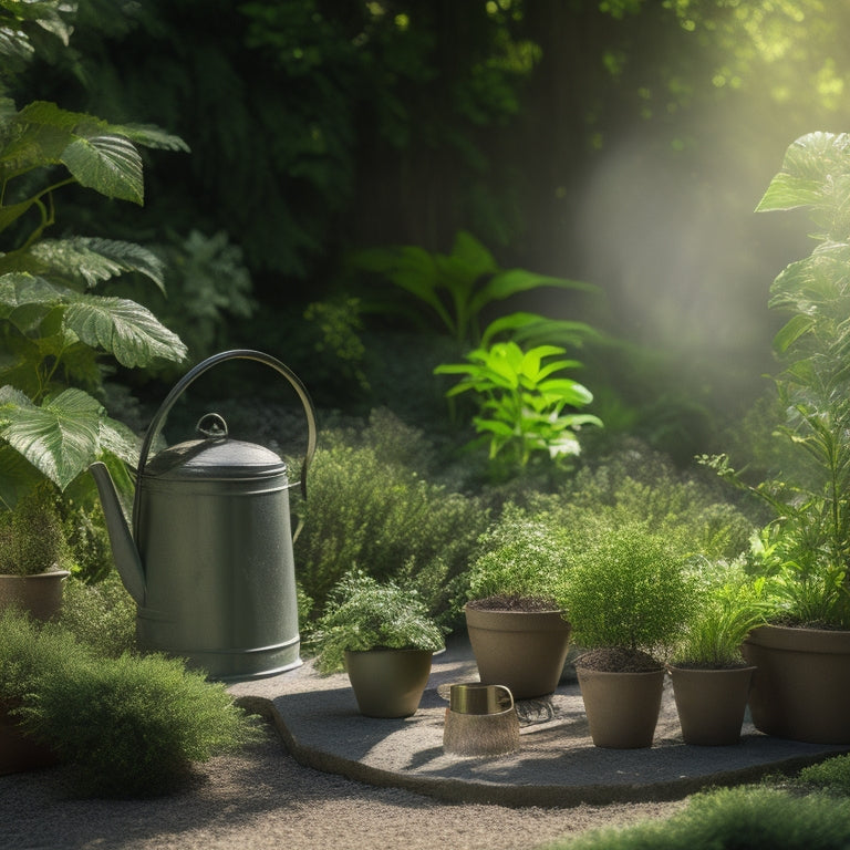 A serene garden scene with a few potted plants, a watering can, and a small trowel, amidst lush greenery, with a subtle sunny glow and gentle shadows, conveying a sense of tranquility and care.