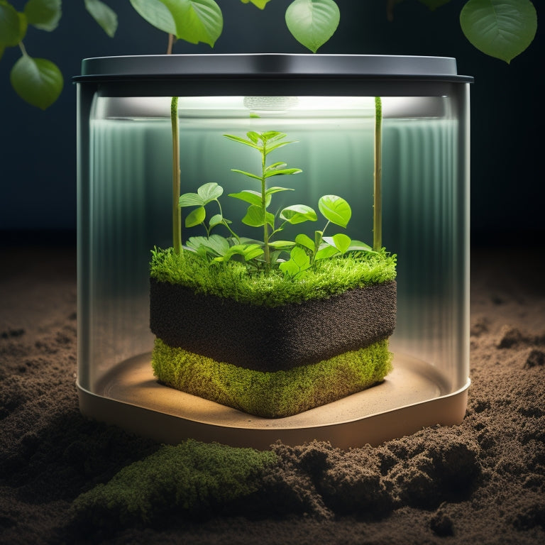 An illustration of a self-watering planter's internal mechanism, showcasing a water reservoir at the bottom, a wicking system, and a soil compartment, with roots and stems growing upwards, surrounded by a subtle green glow.