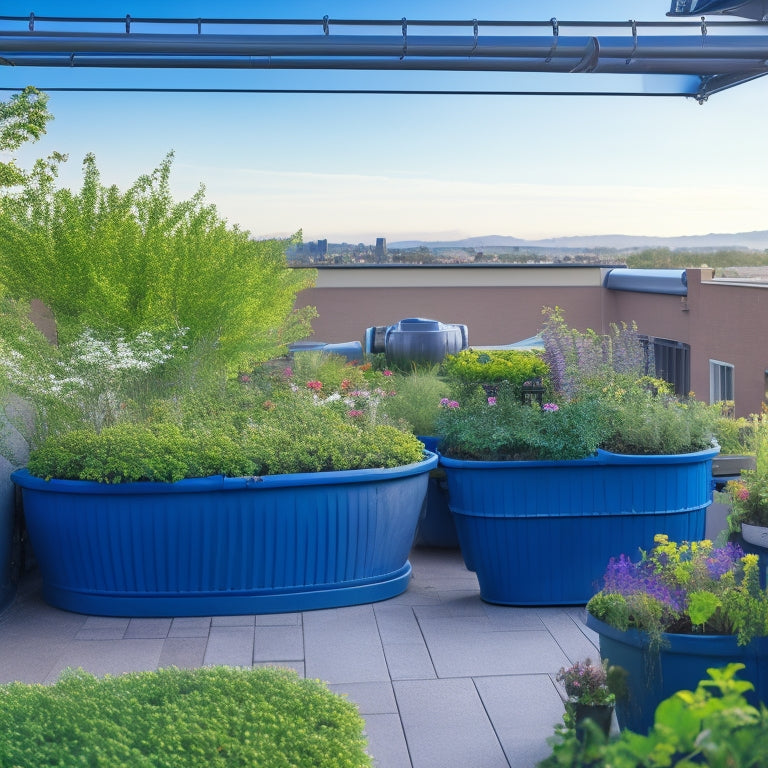 A serene rooftop garden with lush greenery and vibrant flowers, featuring a sleek rainwater collection system with interconnected barrels, downspouts, and a filtration unit, set against a cloudy blue sky.