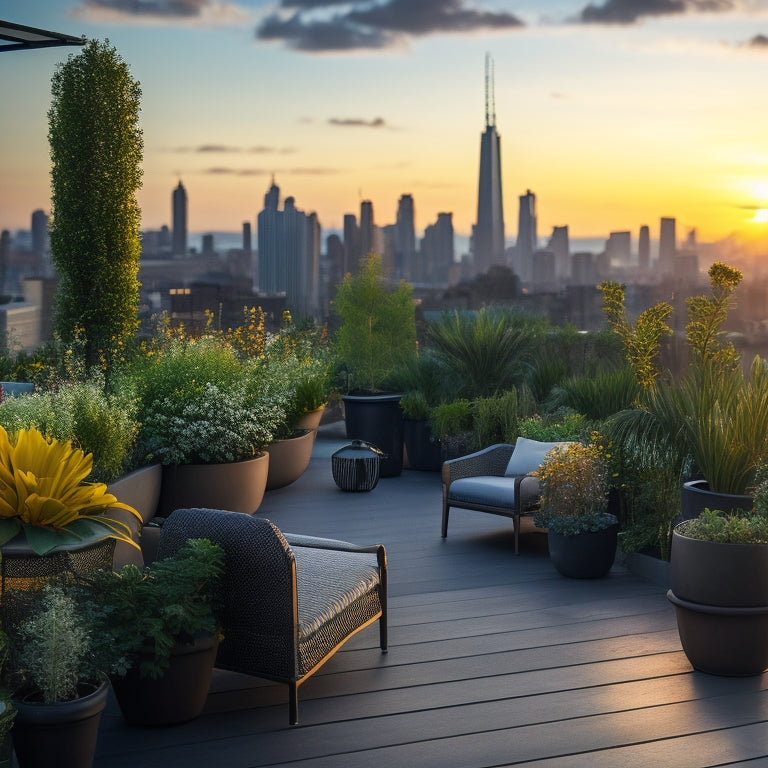 A serene rooftop garden at sunset, with lush greenery, vibrant flowers, and sleek modern furniture, surrounded by a breathtaking cityscape with gleaming skyscrapers and soft, warm lighting.