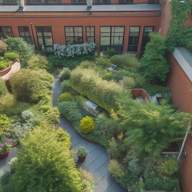 An aerial view of a lush, verdant rooftop garden in a bustling city, with a mix of flowering plants, leafy greens, and vines spilling over the edges of wooden planters and trellises.