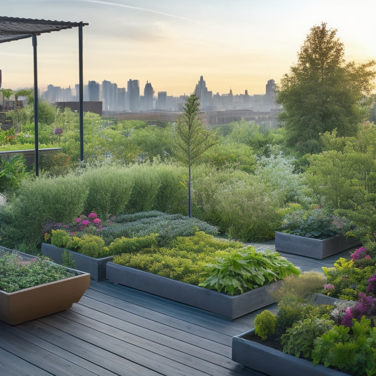 A serene rooftop garden scene with lush greenery, vibrant flowers, and a subtle mist effect, showcasing a drip irrigation system, micro-sprinklers, and a smart controller amidst the verdant landscape.