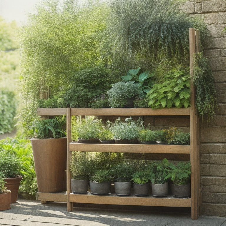 A lush, vertically-stacked herb garden with a trellis backdrop, featuring a mix of greenery, including basil, rosemary, and thyme, in wooden planters with a warm, natural wood tone.