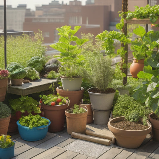 A rooftop garden with lush green vegetables, vibrant flowers, and a small wooden table in the center, surrounded by terra cotta pots, a watering can, and a bag of organic fertilizer.