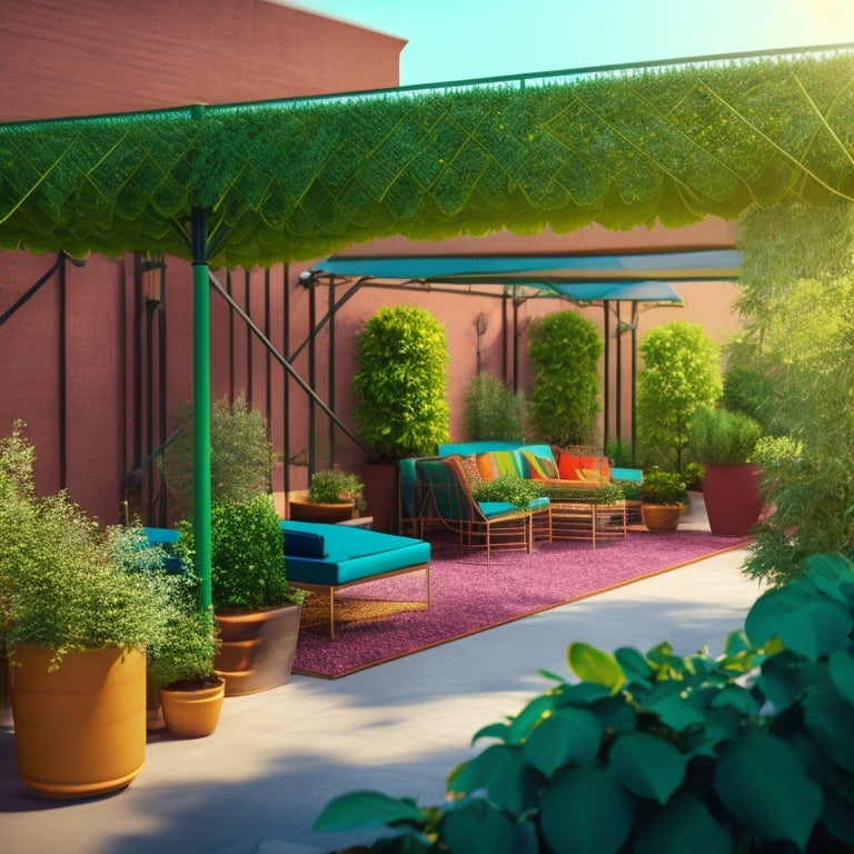 An illustration of a rooftop garden with various shade strategies: a pergola with lush green vines, umbrellas with colorful canopies, a retractable shade sail, and a trellis with climbing plants.