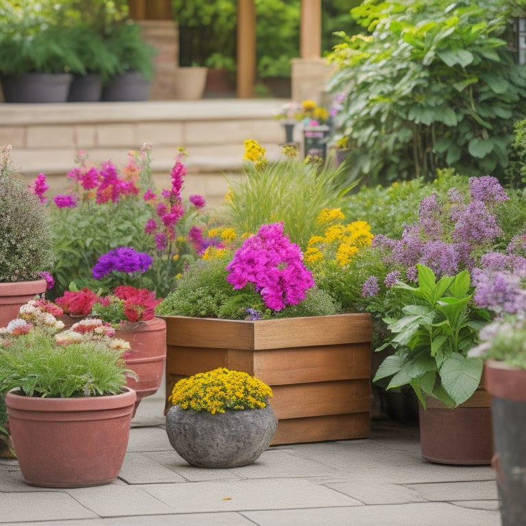 A serene garden scene featuring a mix of vibrant flowers and lush greenery thriving in a collection of colorful, geometric block planters in various sizes, arranged on a weathered wooden patio.