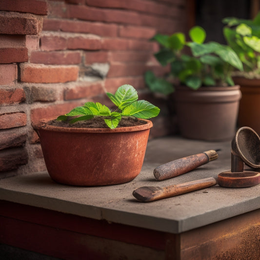 A worn, rusty trowel lies beside a distressed, wooden planter, surrounded by scattered, weathered bricks and a vintage level, all atop a distressed, wooden workbench.