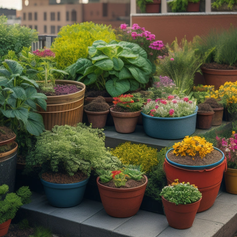 A vibrant rooftop vegetable garden scene with lush green plants and colorful blooms, featuring various fertilizer products and gardening tools arranged around a central planter filled with rich, dark soil.