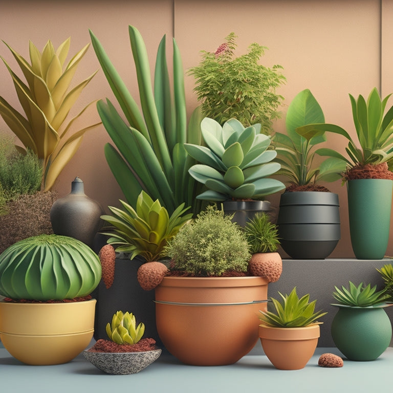 A stylized illustration featuring a variety of planters in different shapes, sizes, and materials, with arrows and lines connecting them to a central axis, conveying balance and harmony.