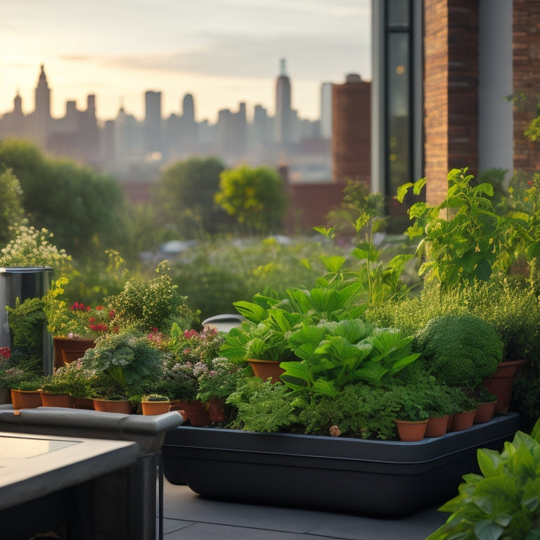 A serene rooftop vegetable garden with lush green plants, vibrant flowers, and a subtle mist of water, featuring a sleek irrigation timer device prominently displayed amidst the foliage.